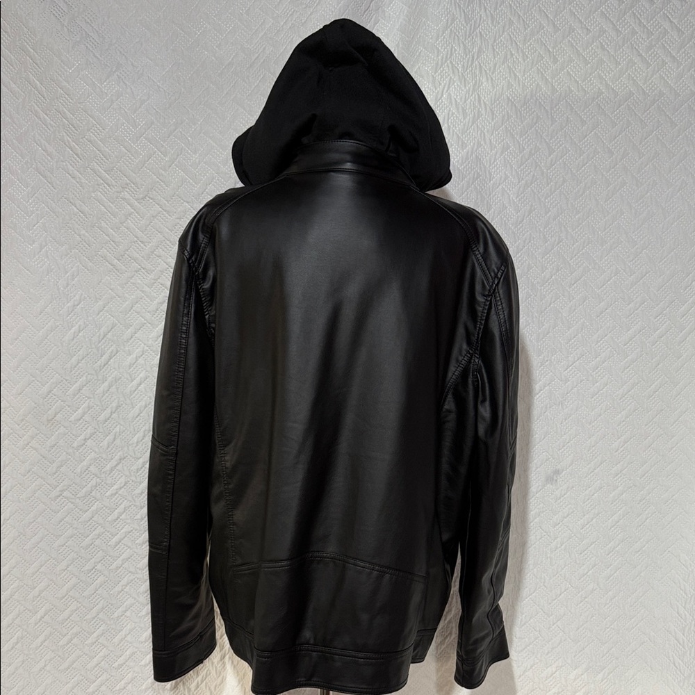 Guess Black Leather Bomber Jacket with Hood - Picture 4 of 5